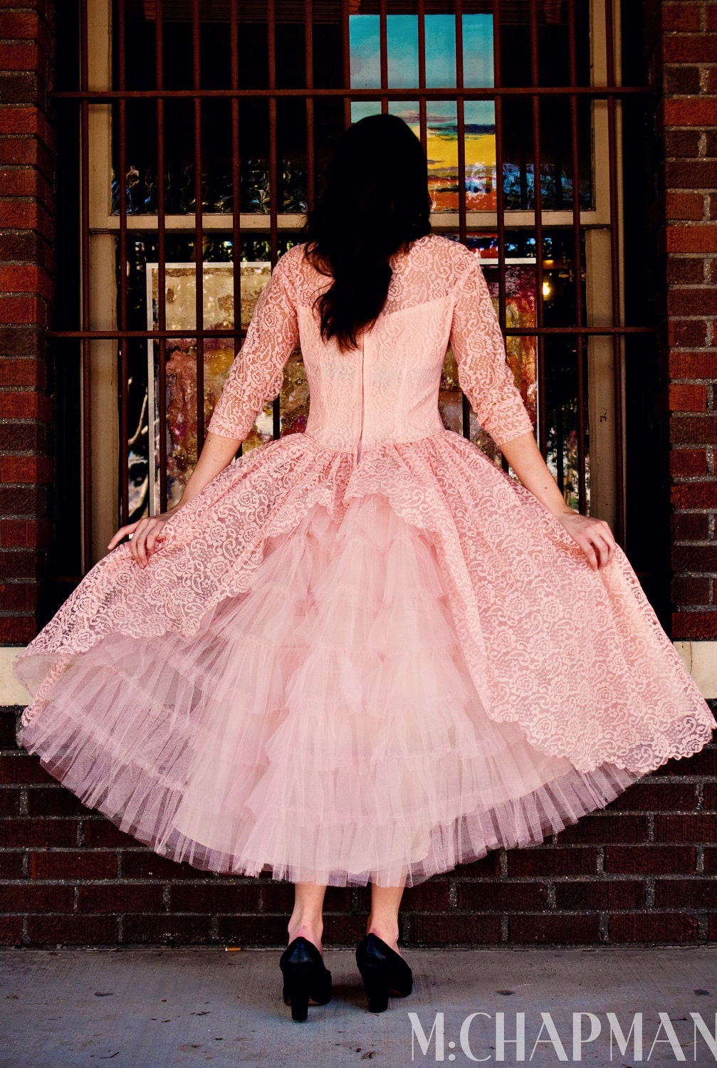 the Glenda dress.  1950s perfectly pink lace dress.  Full skirt.