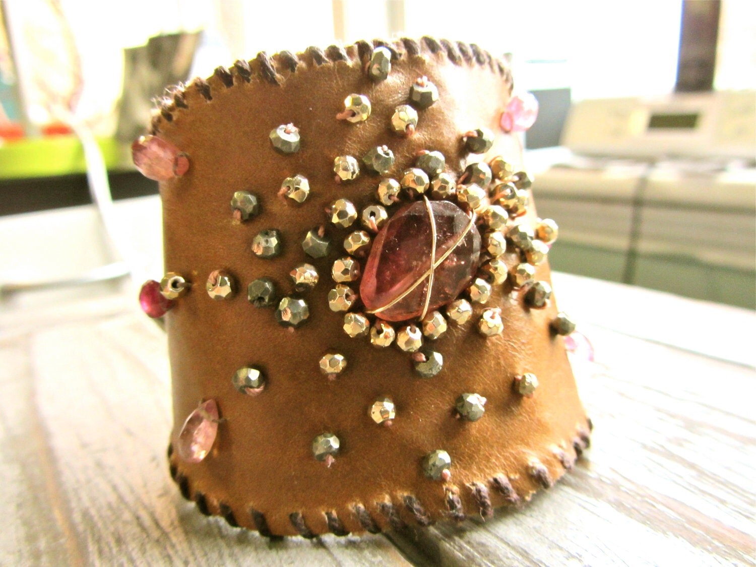 Whole Love Gemstone Leather Cuff