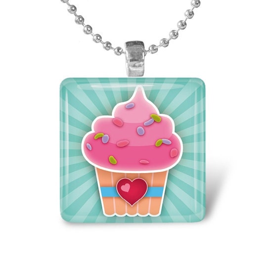 Glass Tile Pendant Cupcake Pendant Cupcake Necklace With Silver Ball Chain (A2183)