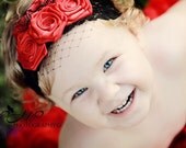Cherry Love - Trio of Handmade Red Roses Rosettes Headband for Flower Girls Baby or Bridesmaids - Formal Elegant