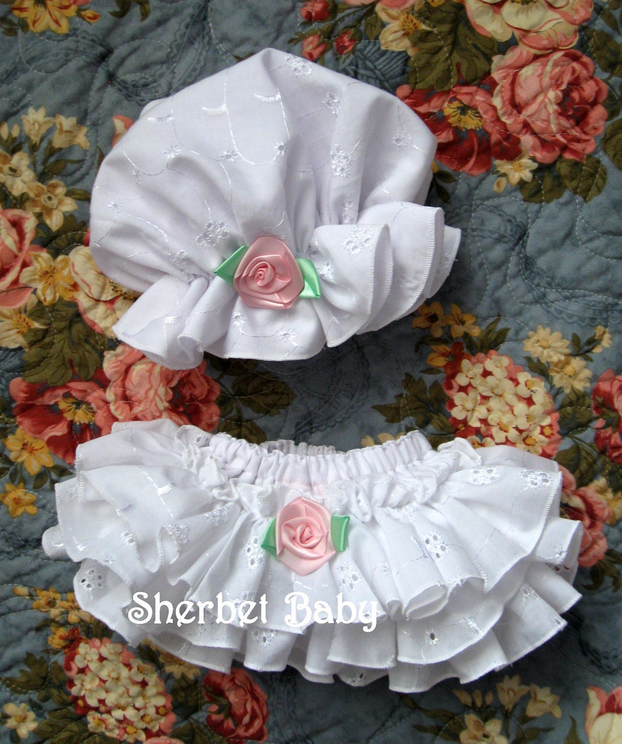 Eyelet Lace Sassy Pants Bo Peep Bonnet & Ruffle Diaper Cover Set Original