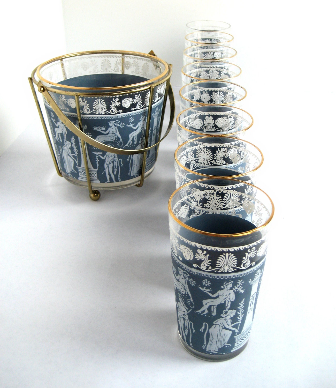 Vintage Bar Glasses, Glass Ice Bucket & Gold Metal Caddy - Corinthian Blue-Grey Midcentury Barware - Hollywood Regency Style