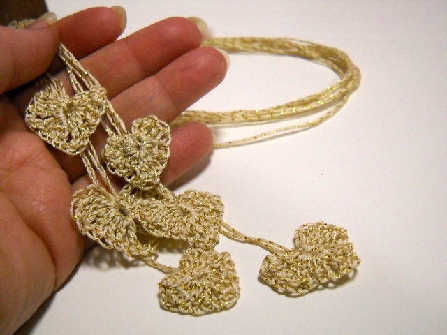 6 Tiny Crocheted Hearts/ Gold Sparkle/ Wedding Decor