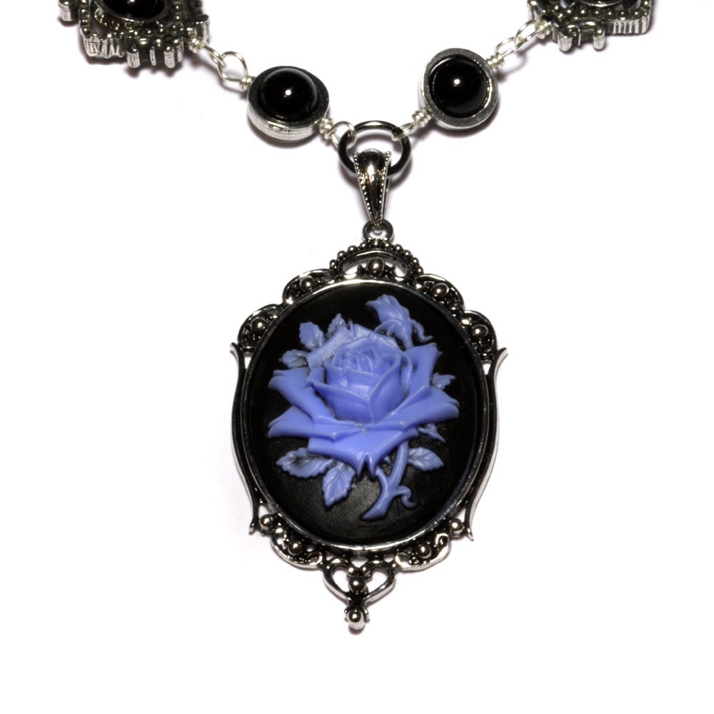 Steampunk Goth Jewelry - Necklace - Black and Blue Rose Cameo - Black Onyx