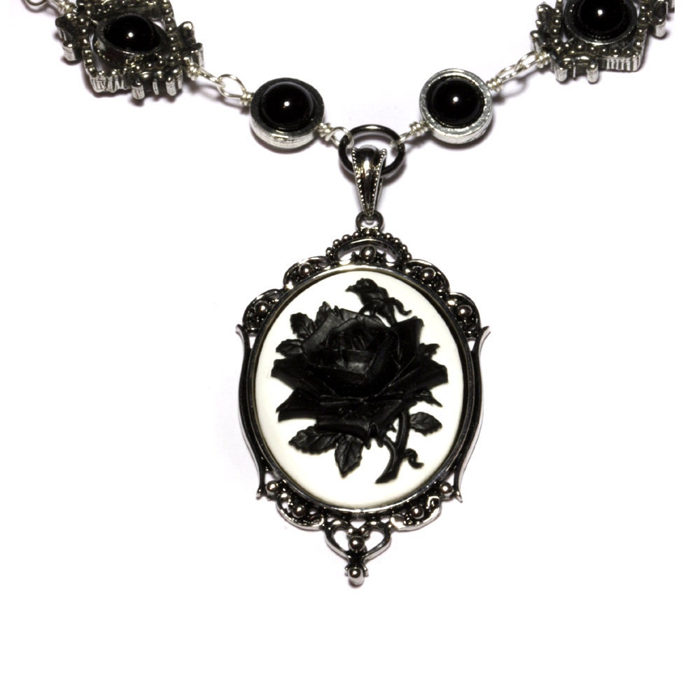 Steampunk Goth Jewelry - Necklace - White and Black Rose Cameo -  Black Onyx