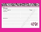 Personalized Recipe Cards Zebra stripe Black and White with Hot Pink 4x6 (3x5 by request)