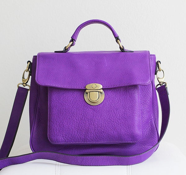 classic leather satchel - vignette in vibrant violet purple  - Can Be Worn Cross-Body as Messenger Bag