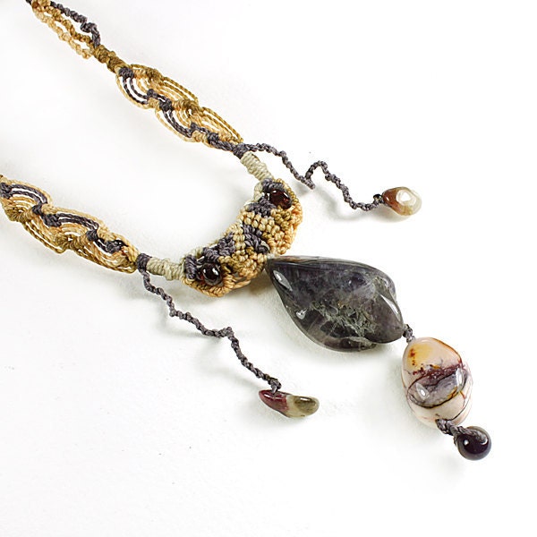 Crystal Healing Pendant with Amethyst, Mookaite, Tourmaline and Garnet Beads, macrame jewelry