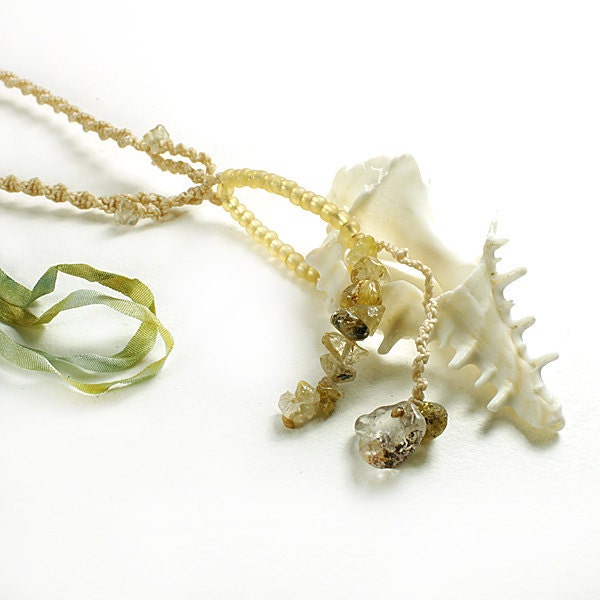 Ocean inspired pendant with white sea shell, silk ribbon, Gold Rutile Quartz, Lodolite and Amber beads