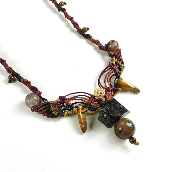 Crystal Necklace with Black Tourmaline, Shaman Dream Stone, Tiger Eye, multicolor macrame - Gypsy Fashion