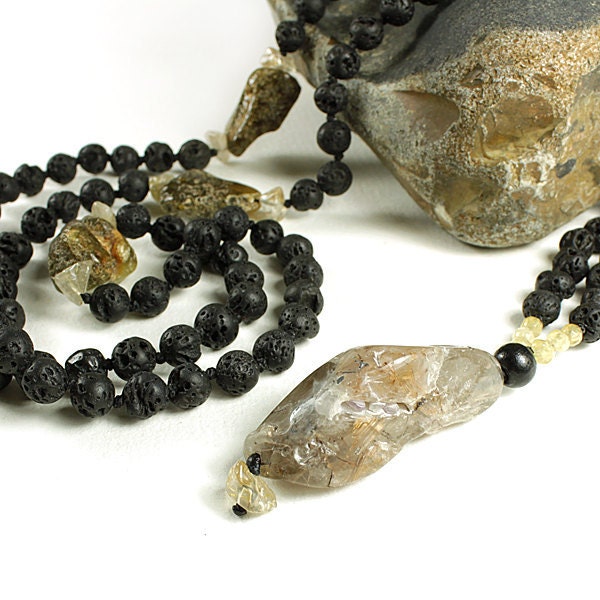 Black Lava Stone Mala, Yoga Beads for Meditation, a Tibetan Buddhist style 108 bead mala with Amber and Shaman Dream Stone