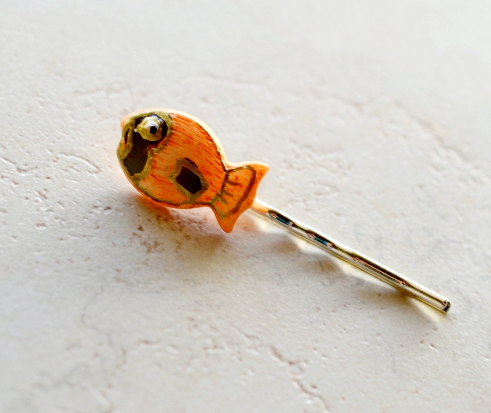 Fish Bobby Pin, Hair Pin, Orange on Silver, Nautical Hair Accessories, Beach Wedding