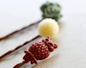 Owl Hair Pins Trio, Wine, Gray Rose and White Mums, Woodland Collection on Copper Hair Accessories, Bobby Pins
