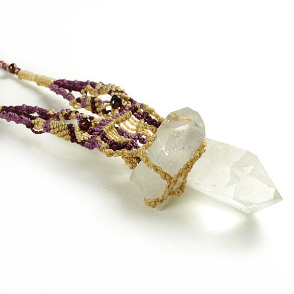 Clear Quartz Pendant, Crystal Energy Quartz Macrame Jewelry with twin point