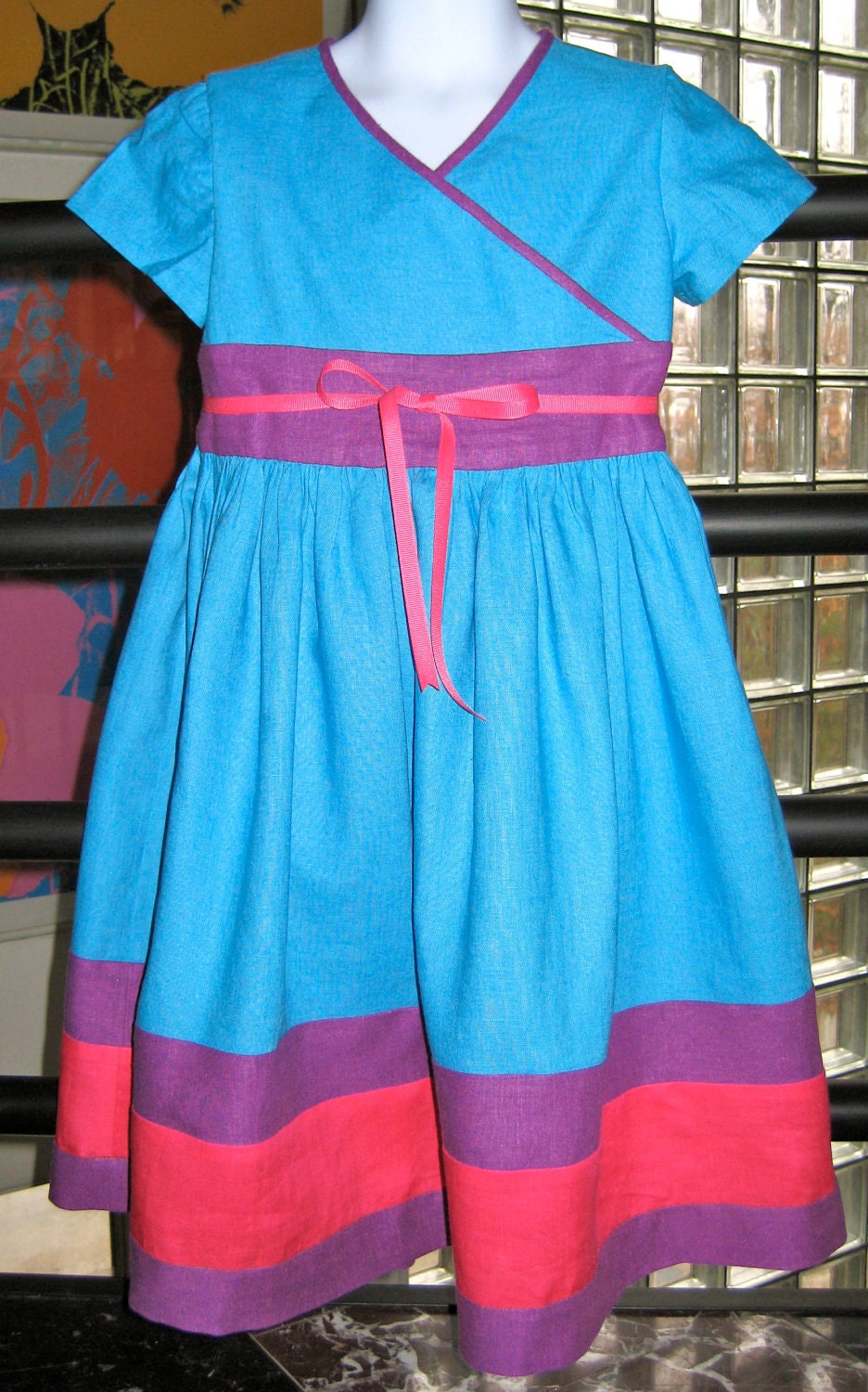 100% Linen Fun With Bright Colors Turquoise Blue Dress, Girls size 4