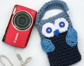 Owl Cell phone camera iPod holder case cozy crochet colors blue, navy, white and grey.