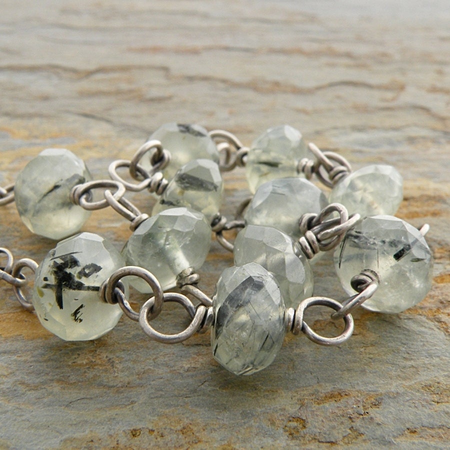 Pale Green Necklace, Prehnite Gemstone, Wire Wrapped, Sterling Silver, Pastel Green, Oxidized