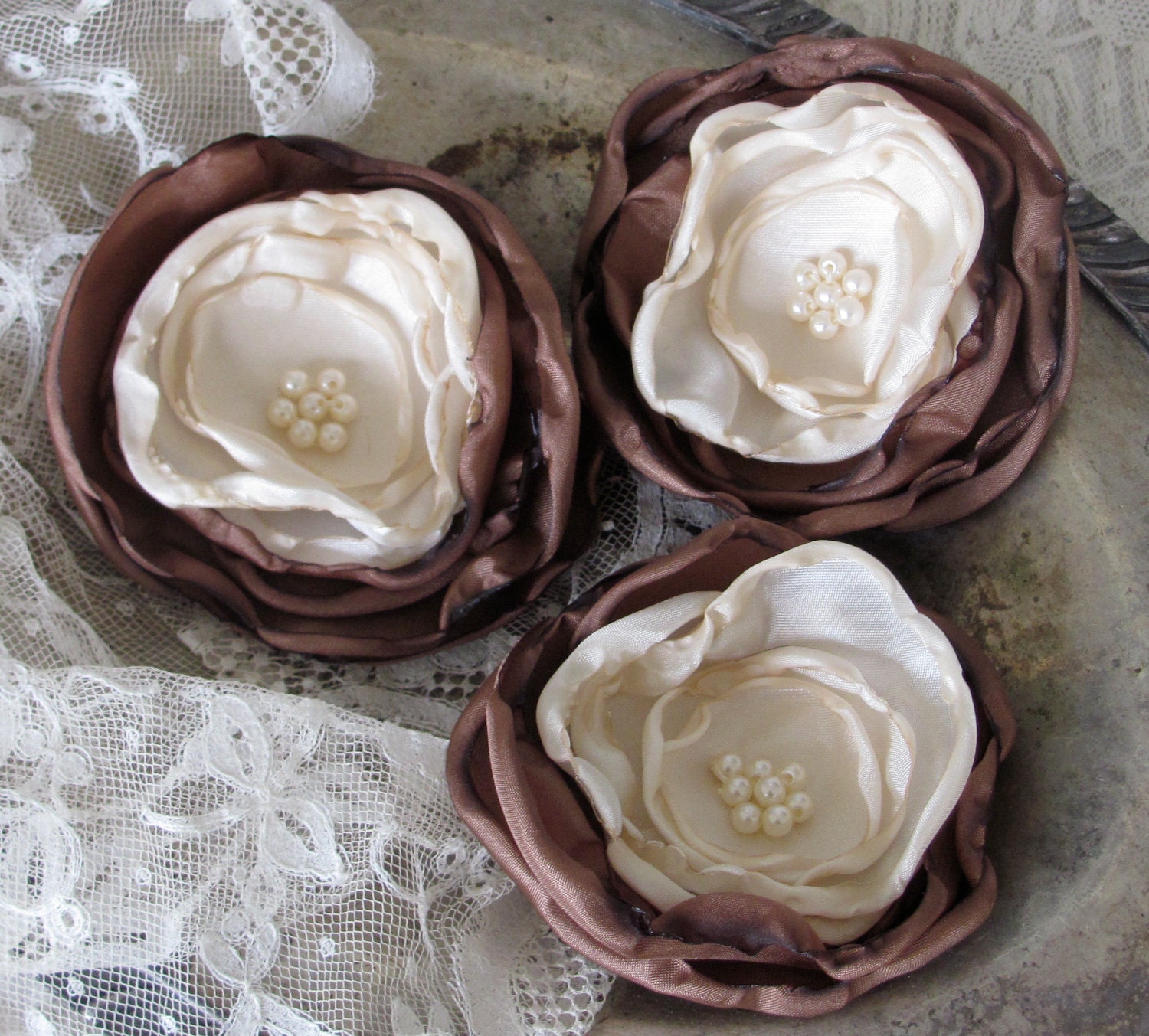 Fabric Flowers Set of 3 Brown and Ivory by My Broken Art on Etsy