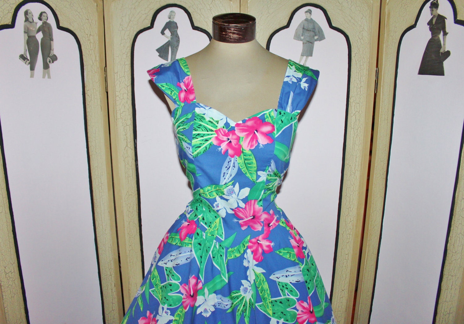 Vintage 80's Hawaiian Convertible Sun Dress in Blue, Green and Pink. Small Medium. Complimentary US Priority Shipping.