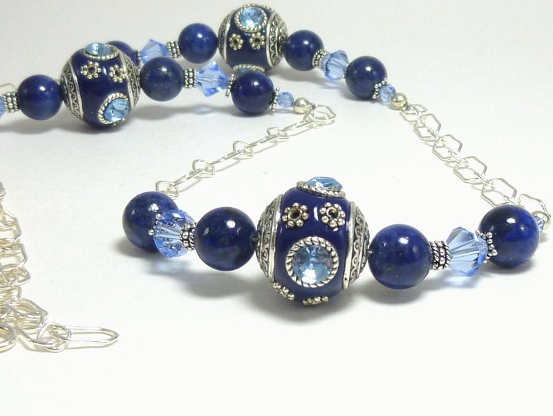 Long Blue Necklace Lapis Lazuli Sterling Silver Swarovski Crystal Enamel Beads
