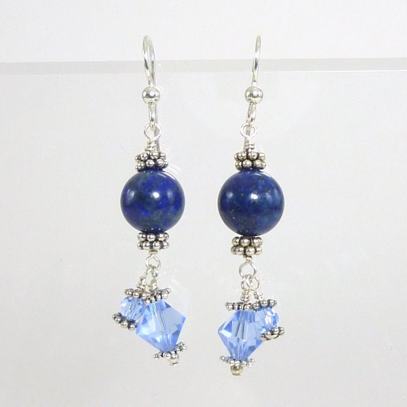Dark Blue Lapis Lazuli Swarovski Crystal Sterling Silver Earrings