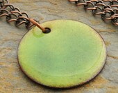 Necklace, Yellow-Green Enamel, Round Pendant, Black and White, Copper