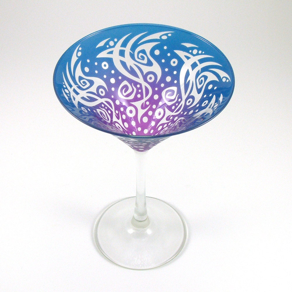 Painted and Etched Martini Glass - Neptune design - Custom Painted Glassware