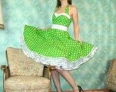 50's vintage dress full skirt green white polka dots Pinup retro Tailor Made nr.40