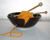Black Knitting Yarn Bowl with Portholes and Textured Buttons by Goldhawk Pottery Etc