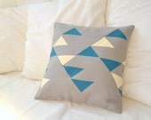 Grey linen pillow cover with geometric design in deep emerald green and cream Inspired tribal patterns