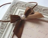 Simple and Stunning Chocolate Brown Satin Bow Headband With Gorgeous Pearl and Rhinestone Center Accent Infants, Babies or Adults
