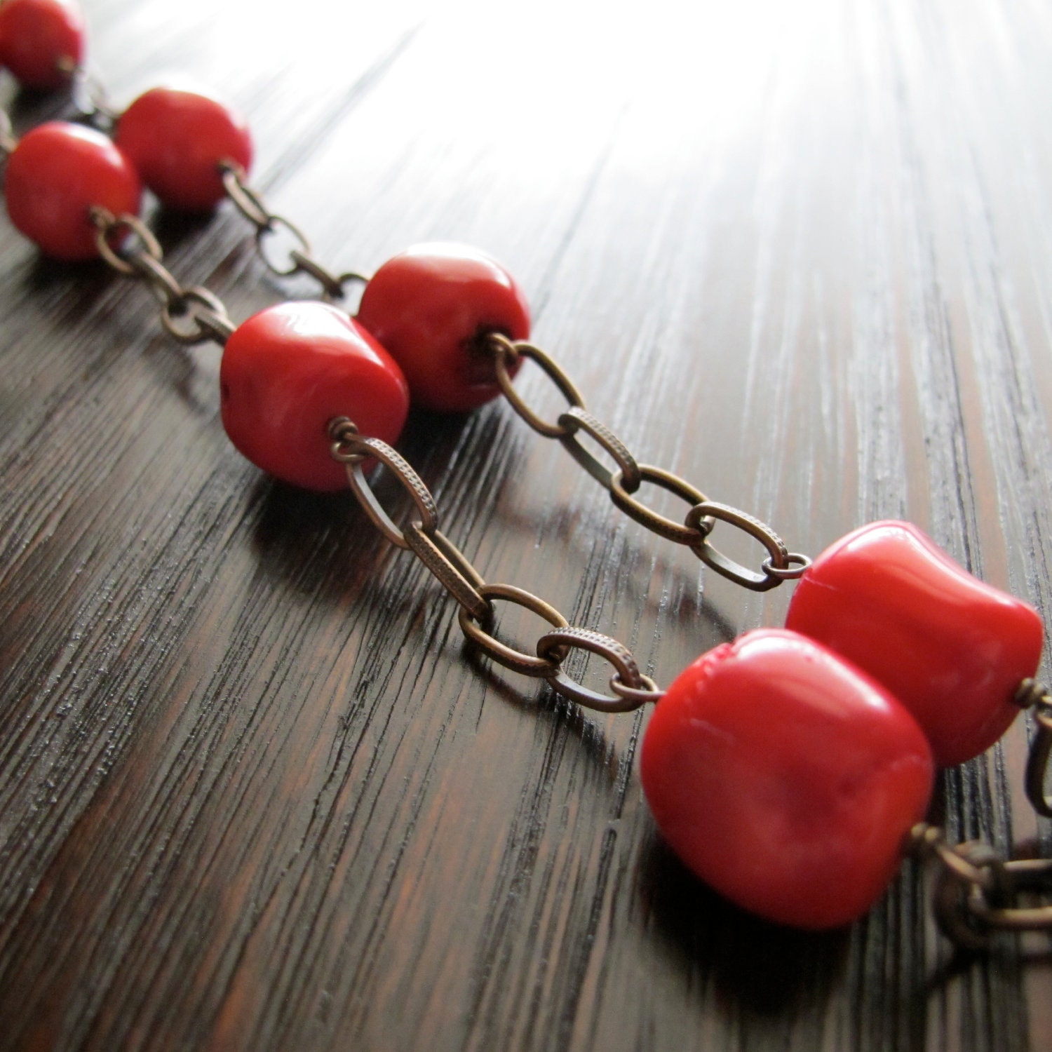 Coral Nugget and Brass Long Chain Necklace Under 50