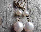 Coin Pearl and Brass Leverback Earrings