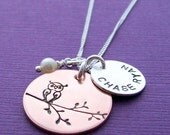 Owl Necklace in Copper and Silver PLUS ONE - Hand Stamped, Engraved Charm Necklace with Child's Name and Birthstone Crystal