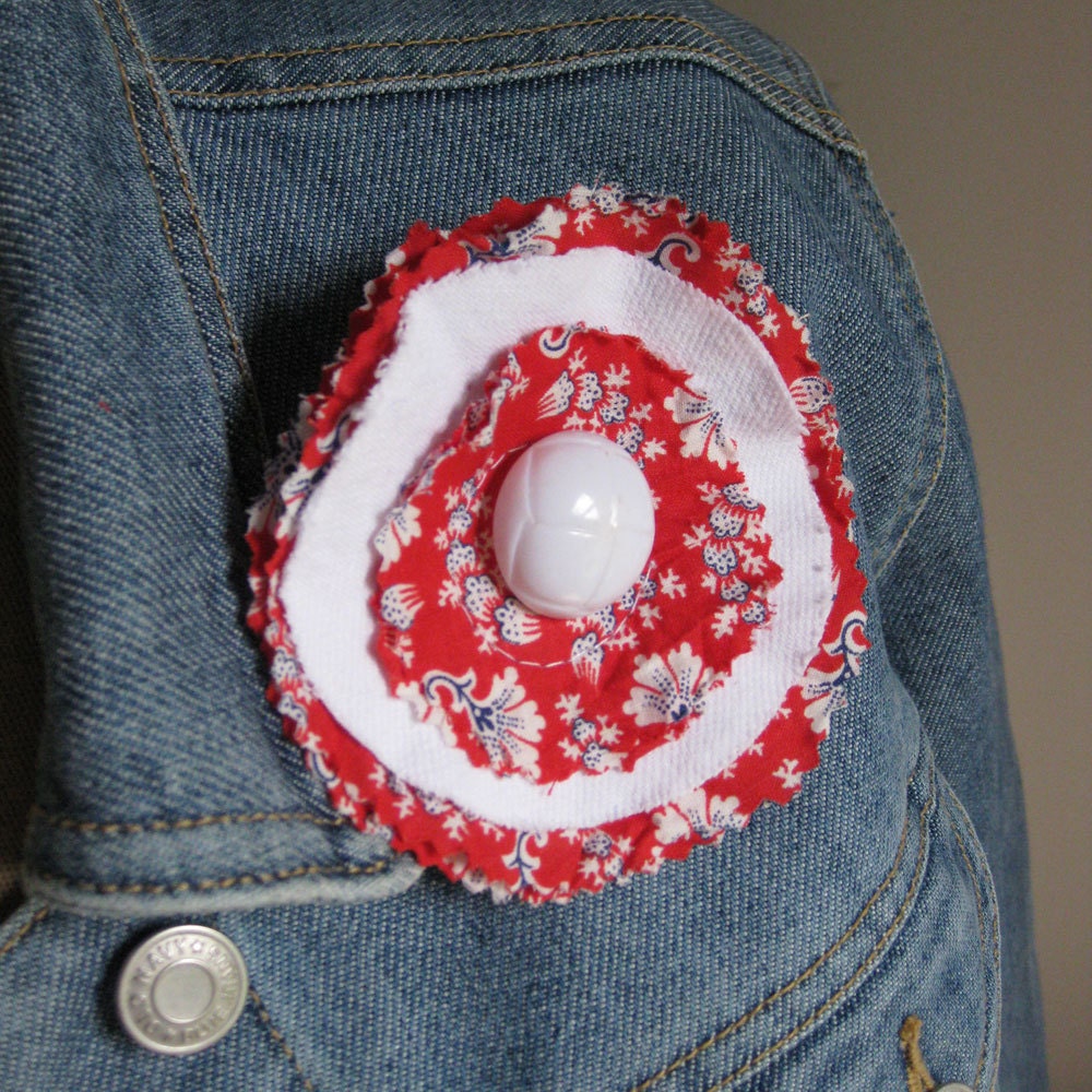 BROOCH/HAIR CLIP recycled white denim vintage red floral print pin by Lynn Minney Designs