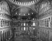 Hagia Sophia Interior Looking East, Istanbul, Turkey - 1950s fine art reproduction - Byzantine Circa 532 - 537, Dome 558 - 562 AD