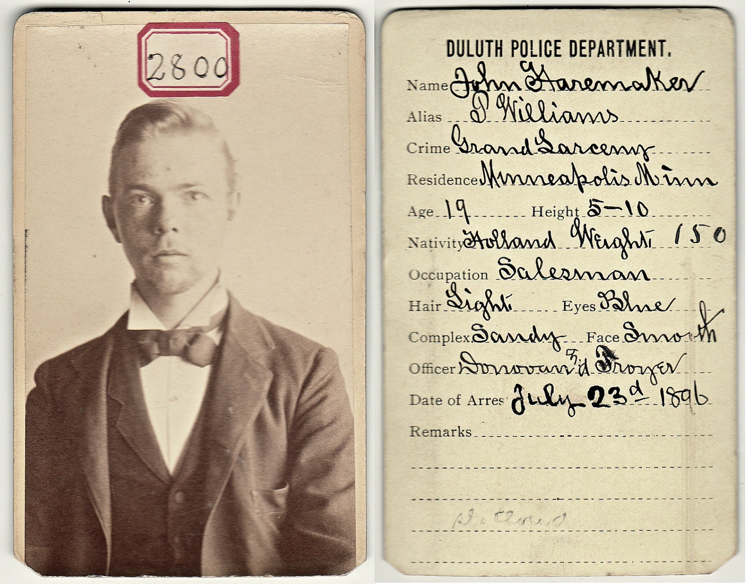 Prisoner No 2800 - Victorian CDV Photo - Antique Mugshot - Vintage Criminal Investigation - Dutch Male - Duluth Minnesota via Holland