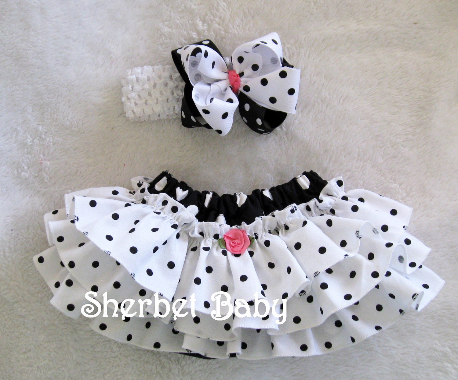 Sassy Pants Ruffle Diaper Cover Panty Head Band and Grograin Double Stacked Hairbow Black & White Polka Dots