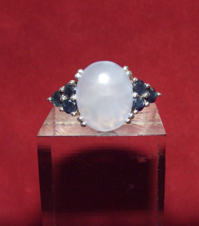 Oval Cabachon Blue Lace Agate & Sapphire Sterling Silver Ring