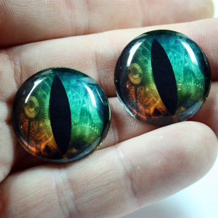 Glass Eyes Steampunk Taxidermy Dragon Eyes 24mm 1 inch Copper / Green Cabochons for Jewelry and Pendant Making