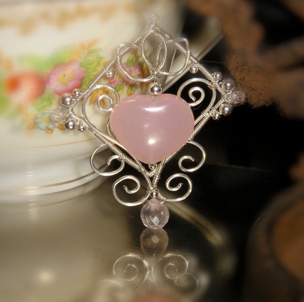 Sterling Silver Wrapped Filigree Earrings with Pink Chalcedony Heart - winddancerstudios
