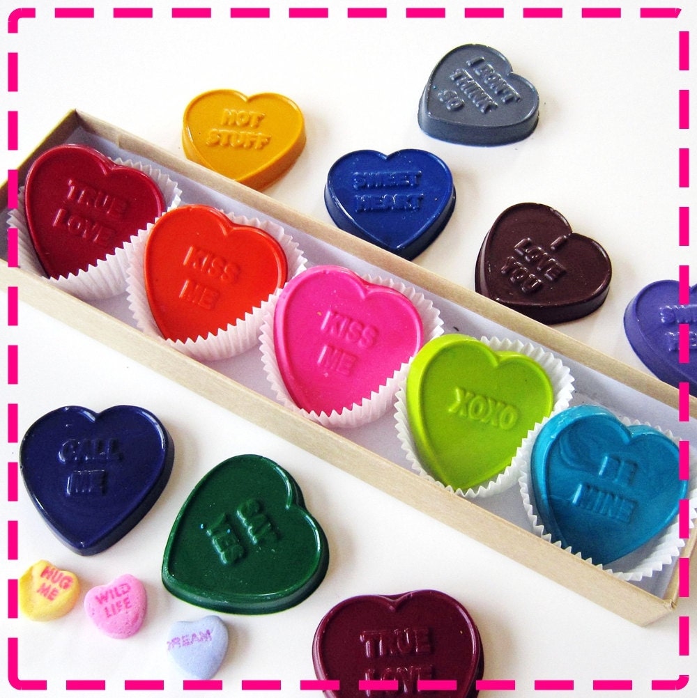 CONVERSATION HEART CRAYONS - Set of Five (5) - Red, Yellow, Pink, Green, Lime, Purple, Orange, Blue, Brown, Black, Etc. - Free Gift Box