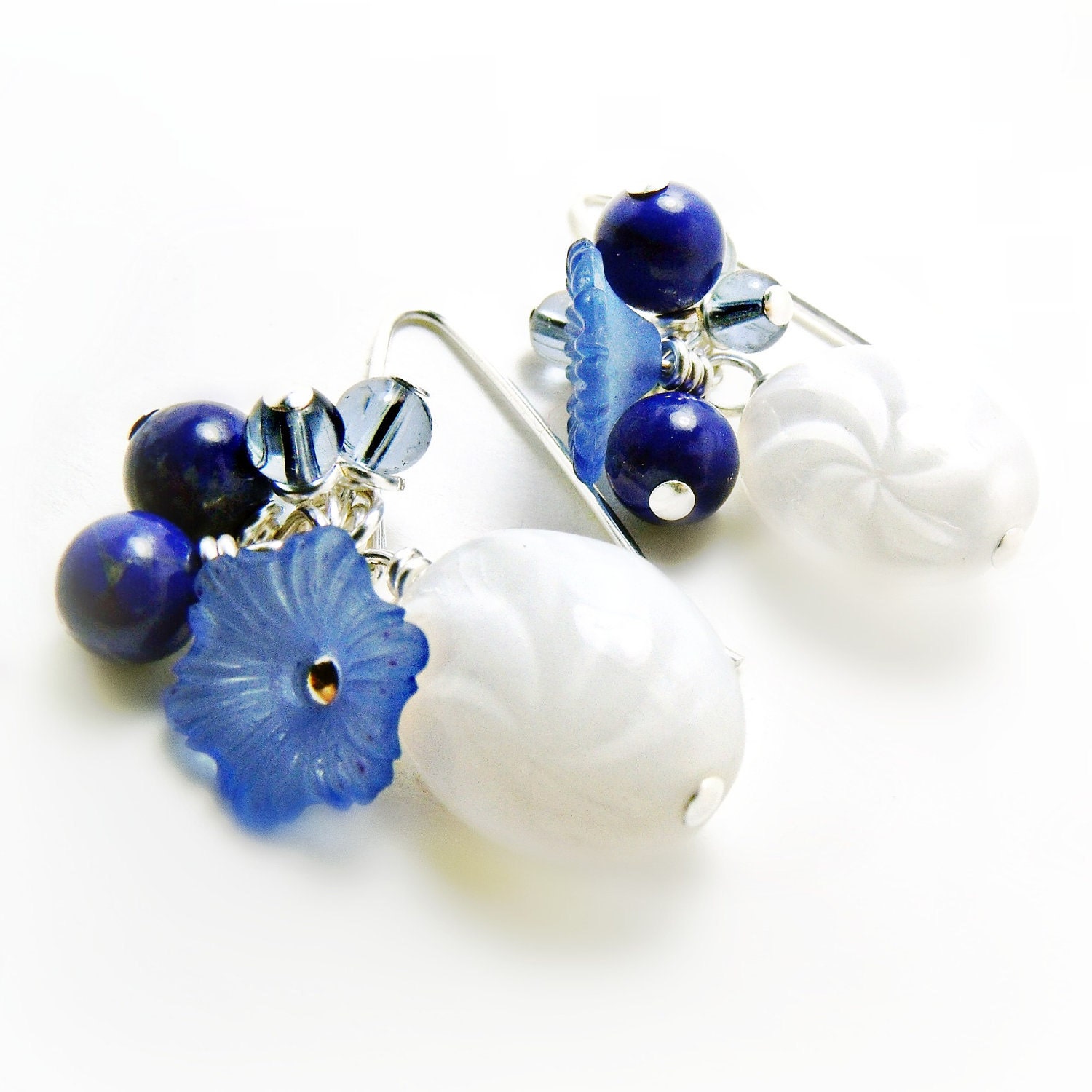 White Milk Glass Earrings w/ Lapis & Iolite-  White Jewelry-Blue Earrings- Blue Jewelrry- Flower Earrings- Flower Jewelry- Sterling Silver