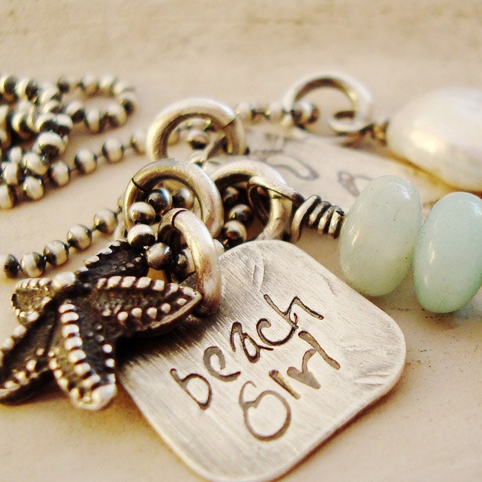 personalized hand stamped rustic sterling silver beach girl necklace .. ocean jewelry