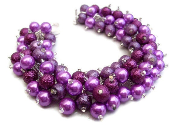 Purple Pearl Bracelet, Cluster Bracelet, Beaded Bracelet, Bridesmaid Gift, Orchid Purple - Handmade Jewelry By Kim Smith