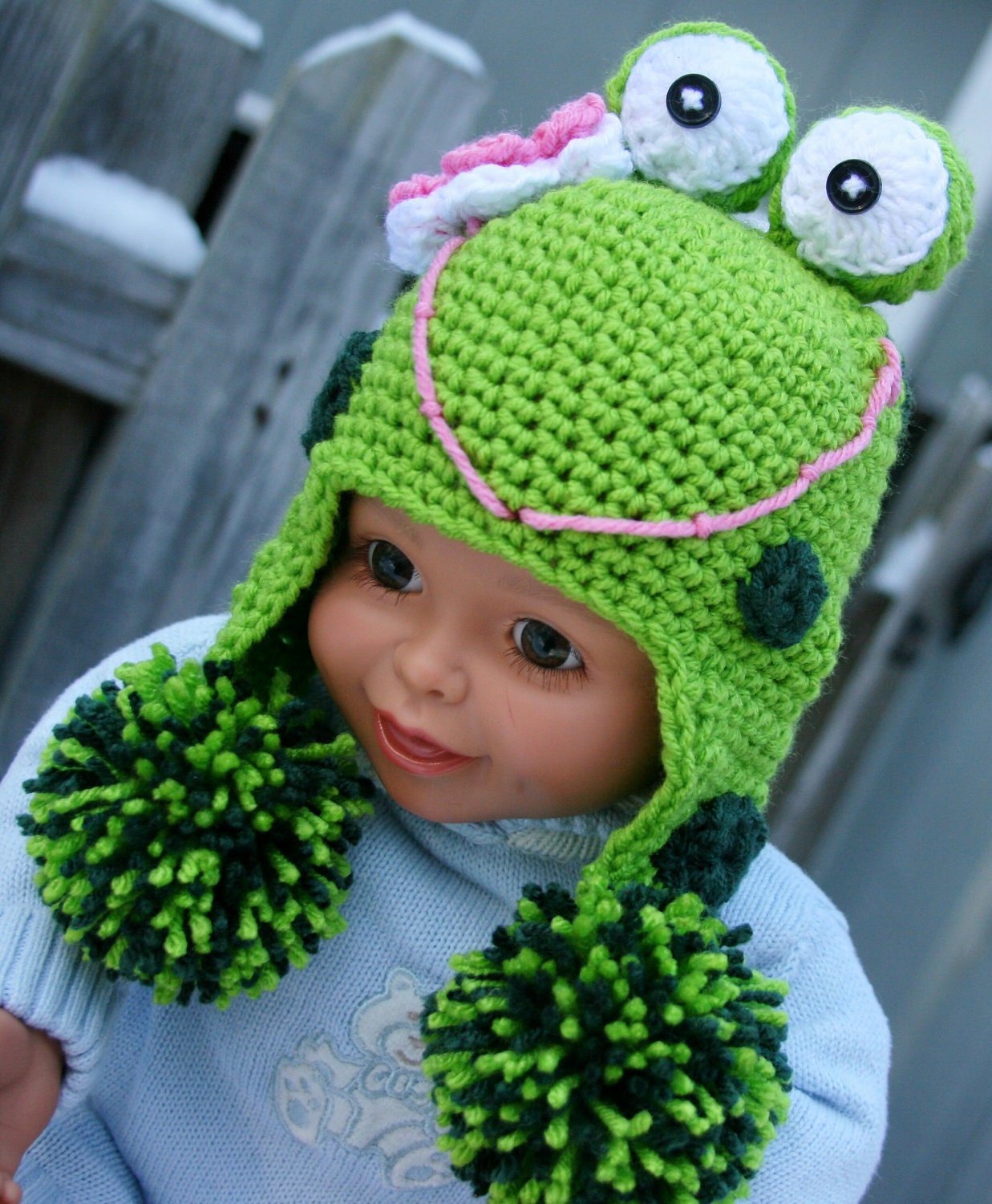 Frog hat baby 0-3 months newborn crochet in green, lime, white, and pink flower with black button eyes