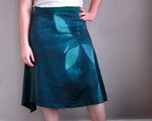 Classic Stretch Silk Skirt size MEDIUM in lagoon blue leaves shibori one of a kind