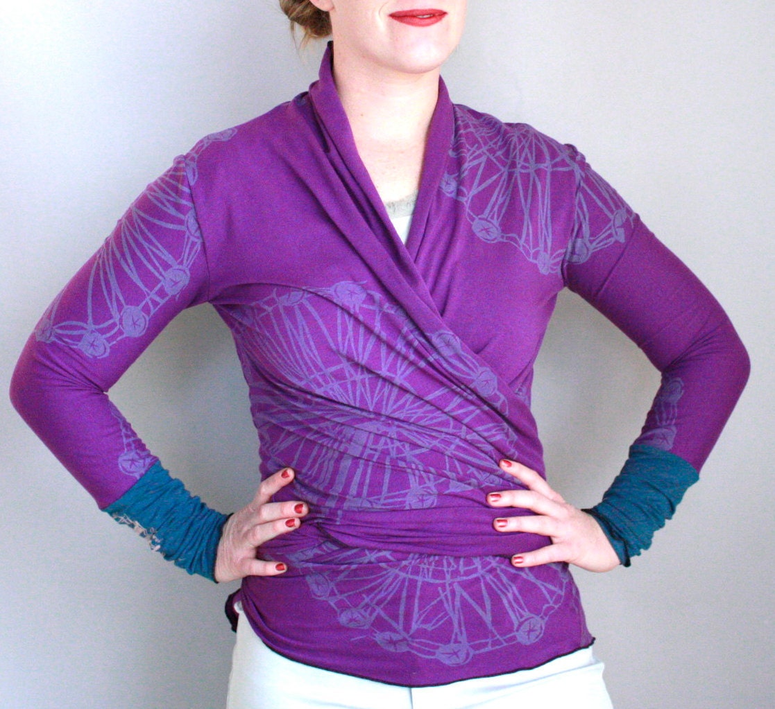 Cocoon Wrap Cardigan in vibrant purple print with contrasting royal blue cuffs in bamboo jersey size small