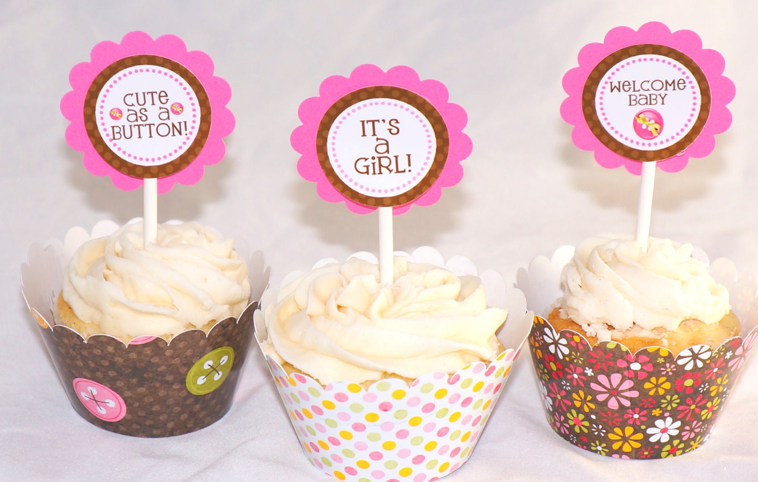 Cute as a Button Girl Cupcake Toppers Baby shower or 1st birthday Pink