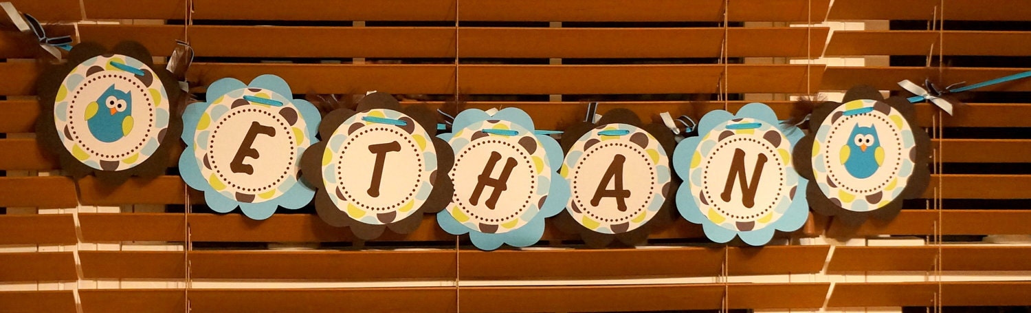 Blue Owl Baby Shower  Boy Birthday Party Personalized  Name Banner